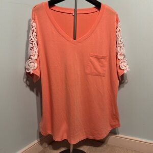 Coral Crochet Sleeve V-neck Tee with Pocket